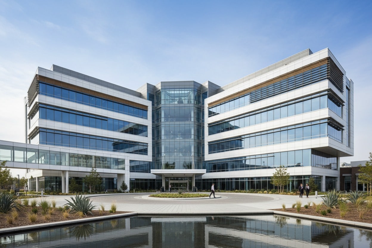 Edificio de oficinas moderno con fachada de cristal y metal, rodeado de un paisaje ajardinado con una fuente en primer plano.